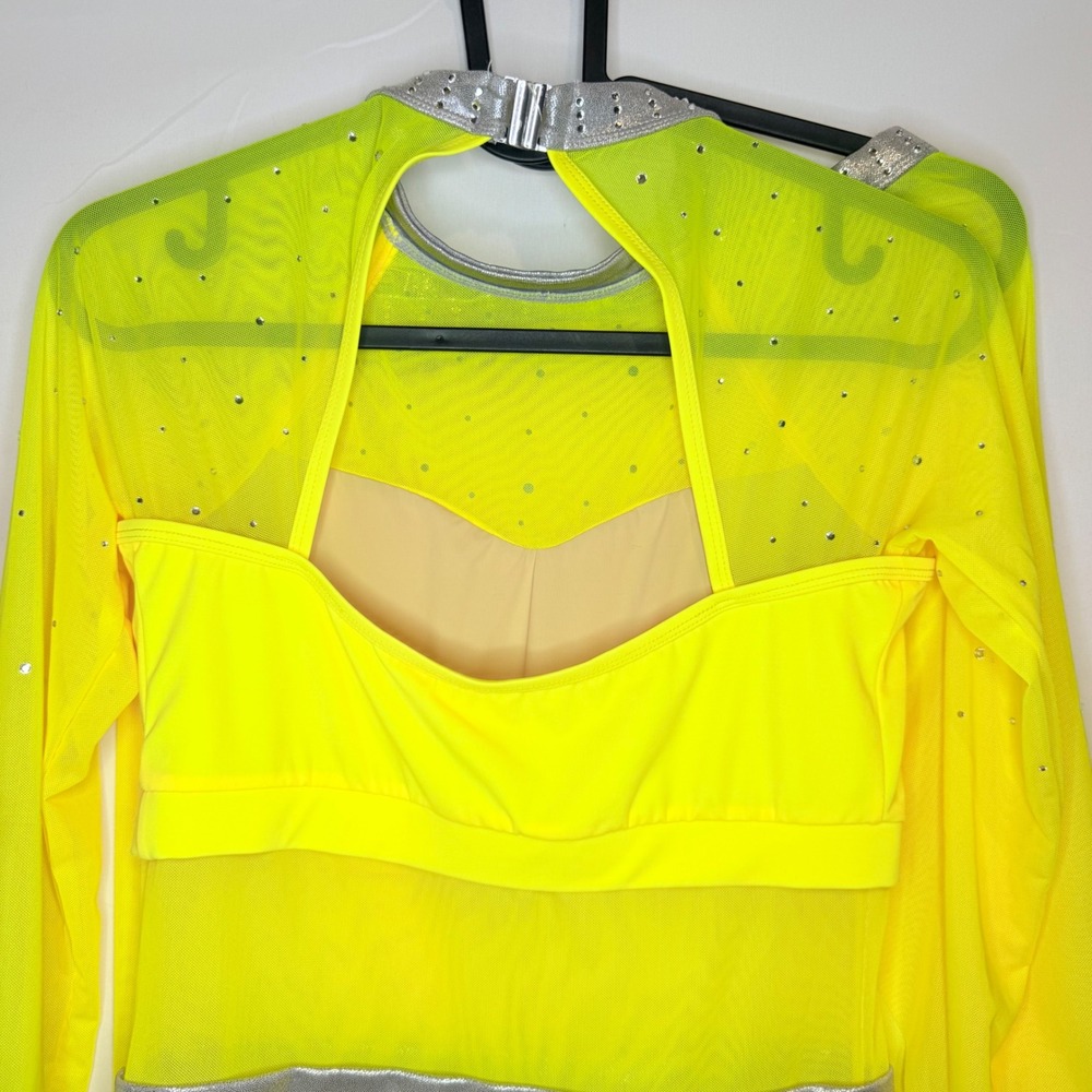 Double Platinum Size Medium Neon Yellow Rhinestone Leo and Skirt Dance Costume - Picture 7 of 10